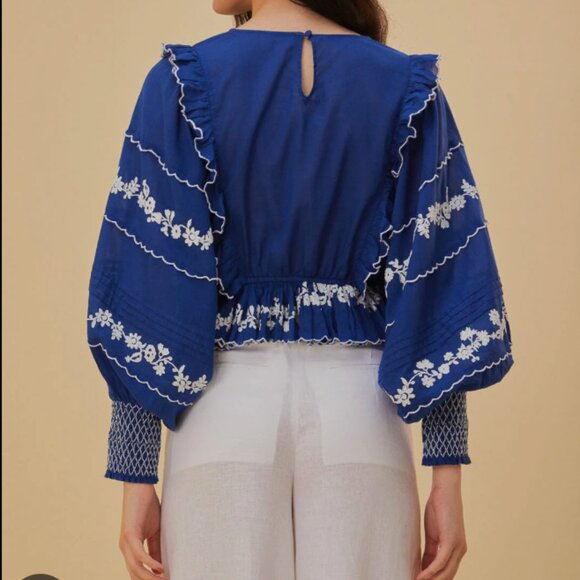 FARM Rio Royal Navy Blue Embroidered Long Sleeve Blouse - M - Picture 2 of 6
